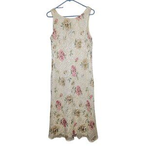 Vintage 90s Teddi Sleeveless Floral Lace Midi Dress 10 Lining Cream Pink & Green